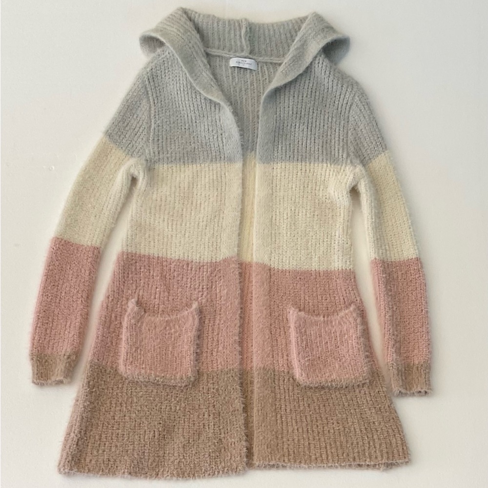 New Directions Long Cardigan Hooded Sweater Pockets Gray/White/Pink/Tan XS Fit